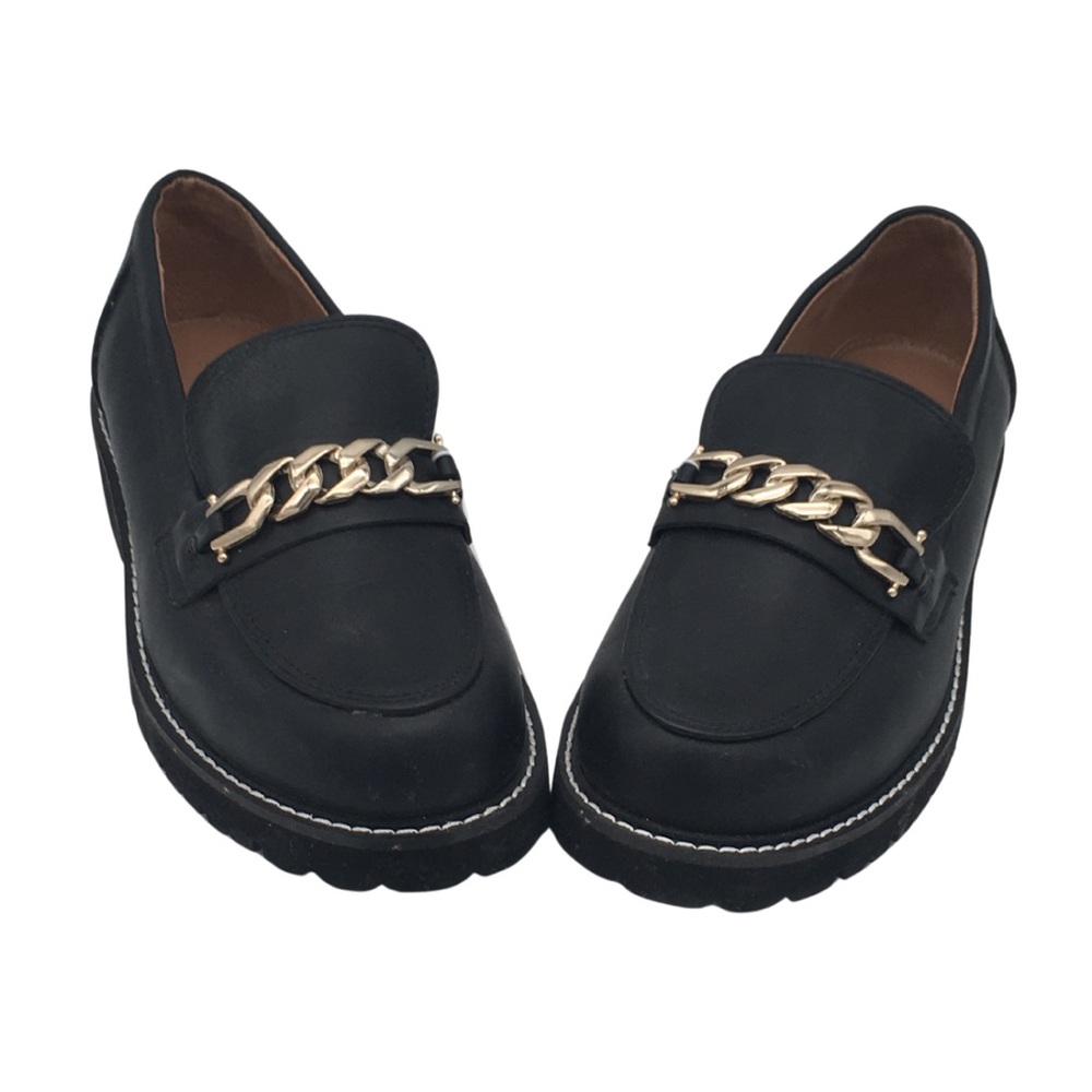 BCBG black Lug sole Loafers Vegan Leather with Gold Chain detail NWOT size 8 - Picture 5 of 16